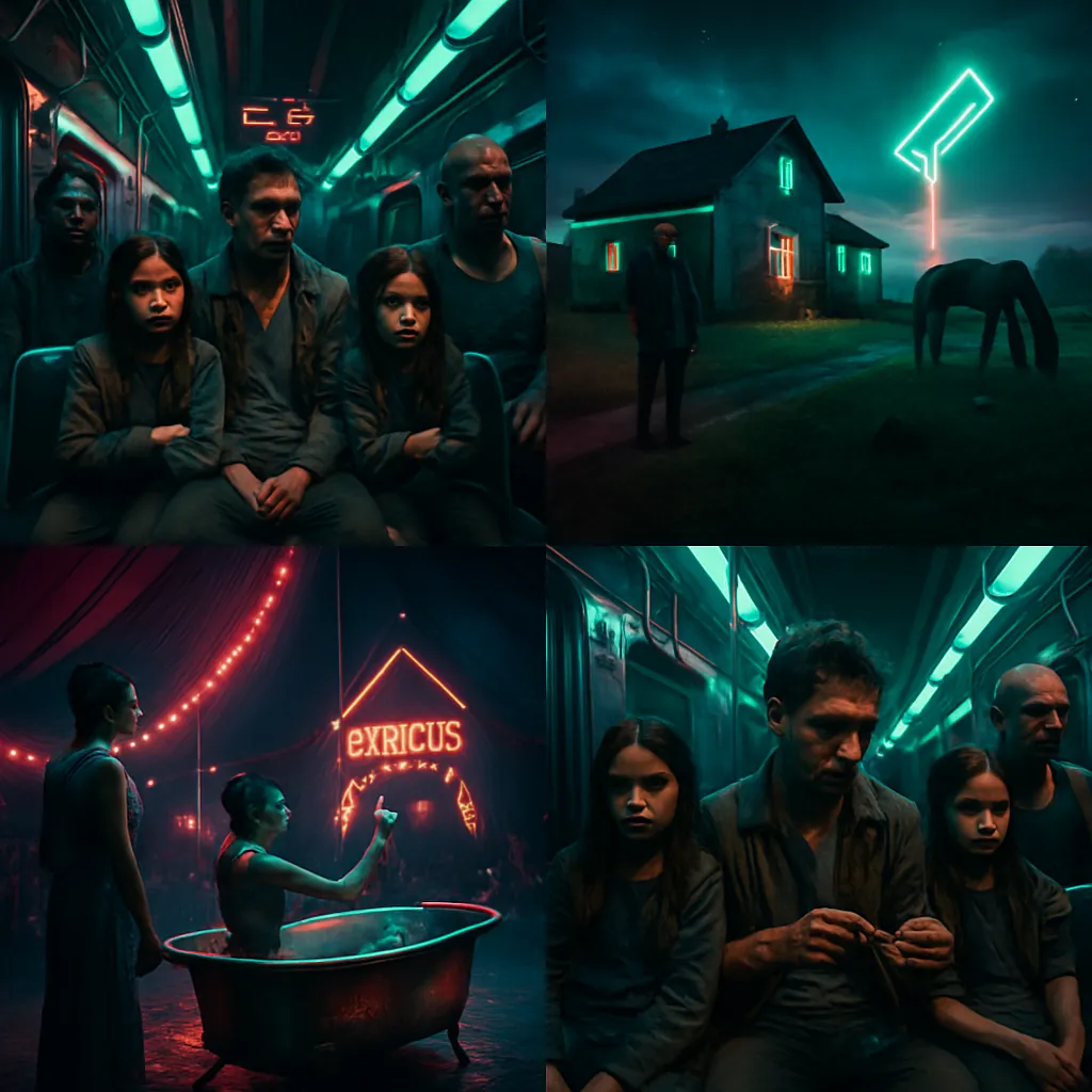 The dreamer observes a narrative involving a father teaching his daughters to ride trains without tickets due to poverty. There are various interactions with diverse individuals on a train that changes direction. The setting shifts to a farmhouse and a performance in a circus tent.