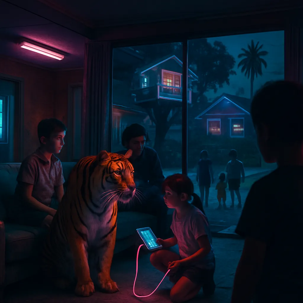 The dreamer is observing a busy living room of their childhood home filled with people on a mission. A dynamic scenario unfolds with a tiger at the center of curiosity. There's a shift to a neighborhood with houses where gender roles and economic lessons play out affecting the dreamer. 